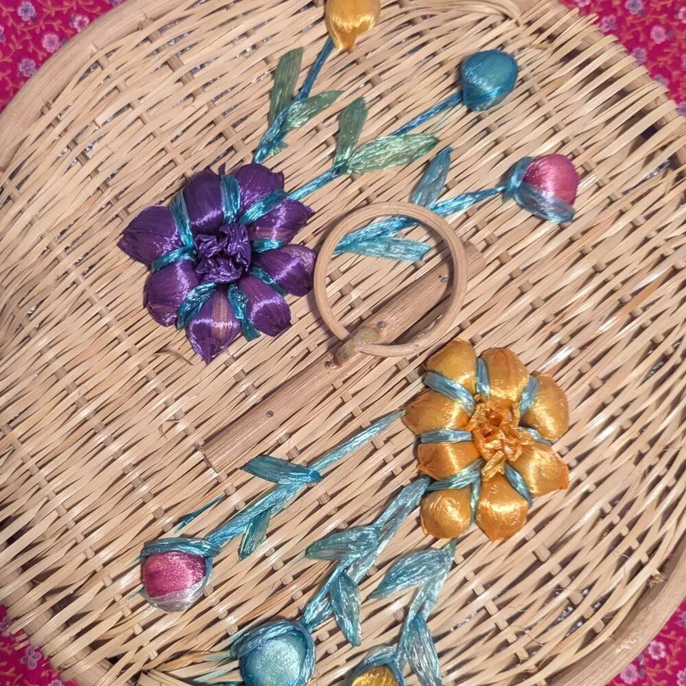 Vintage Wicker Food Cover Floral 3D Embroidery Picnic MCM Boho Raffia‎